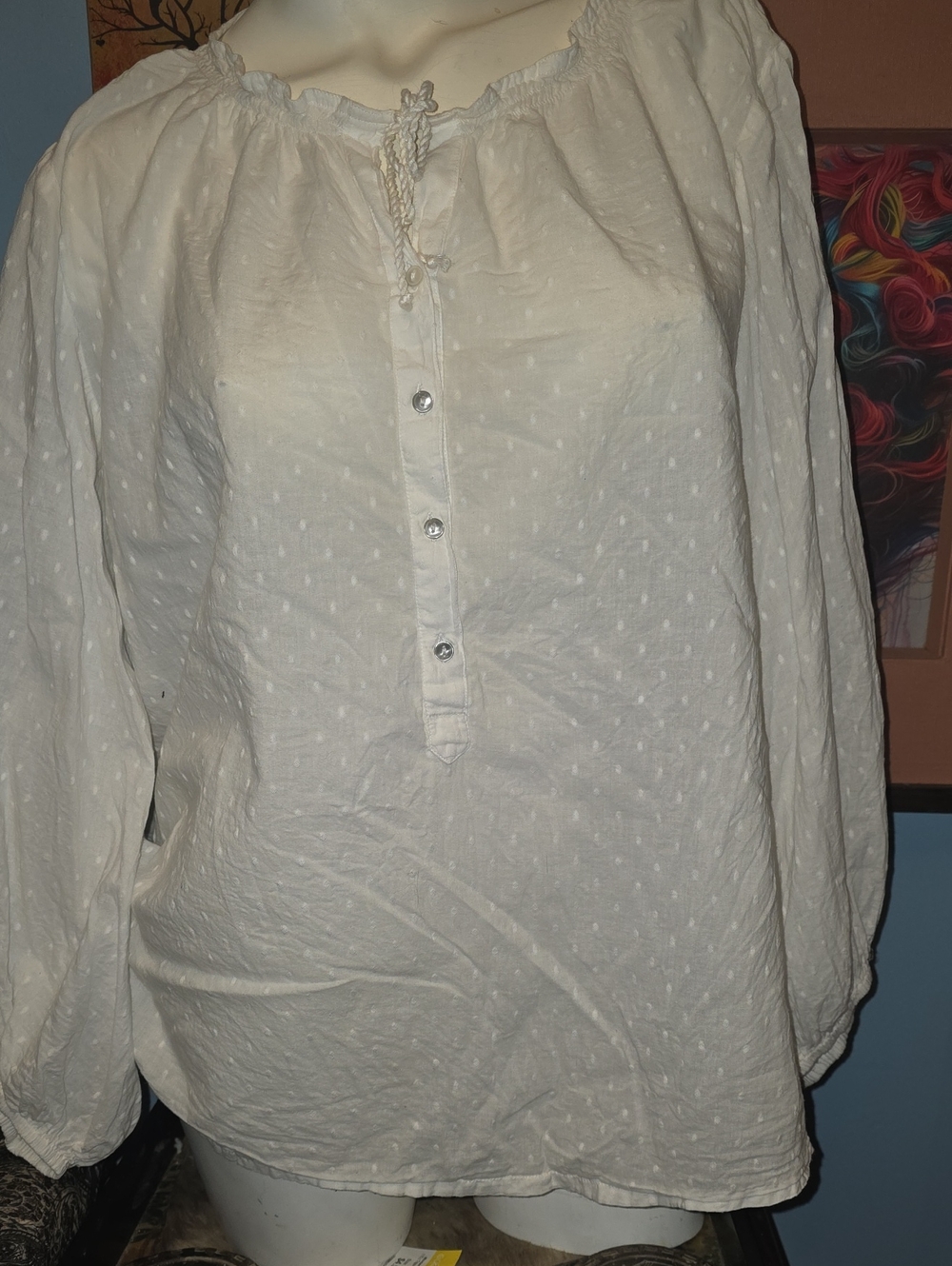 White Swiss Dot Peasant Shirt - Lightweight Long Sleeve Top